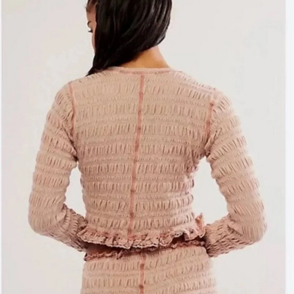 Free People Fp One Meriel Smocked Top Ruched Lace Taupe New S